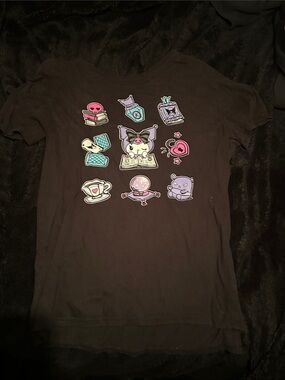 Sanrio Black Graphic Tee with Pastel Icons